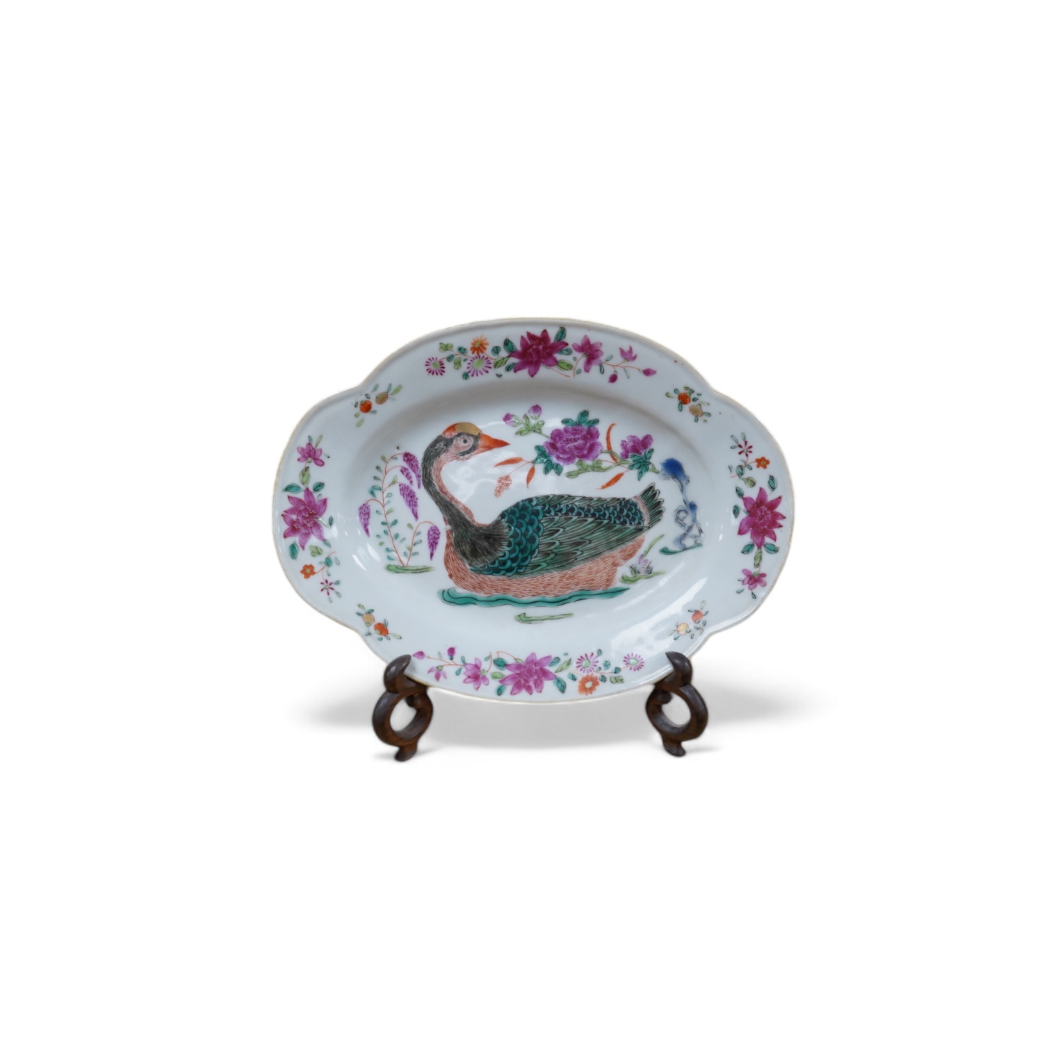 A Chinese export famille rose ‘goose’ dish, Qianlong period, on hardwood stand, 21cm. Condition - fair, one hairline crack